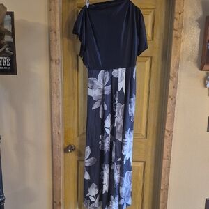 Ladies Large Off 1 Shoulder Navy & Floral Maxi Dress With Pockets Side Zip